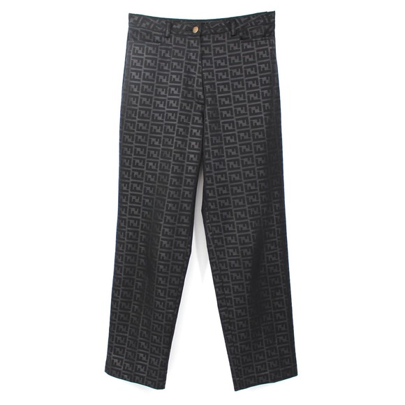FENDI Black Zucca Logo Trouser Pants M Vintage FF Polyester Ankle Straight Jeans